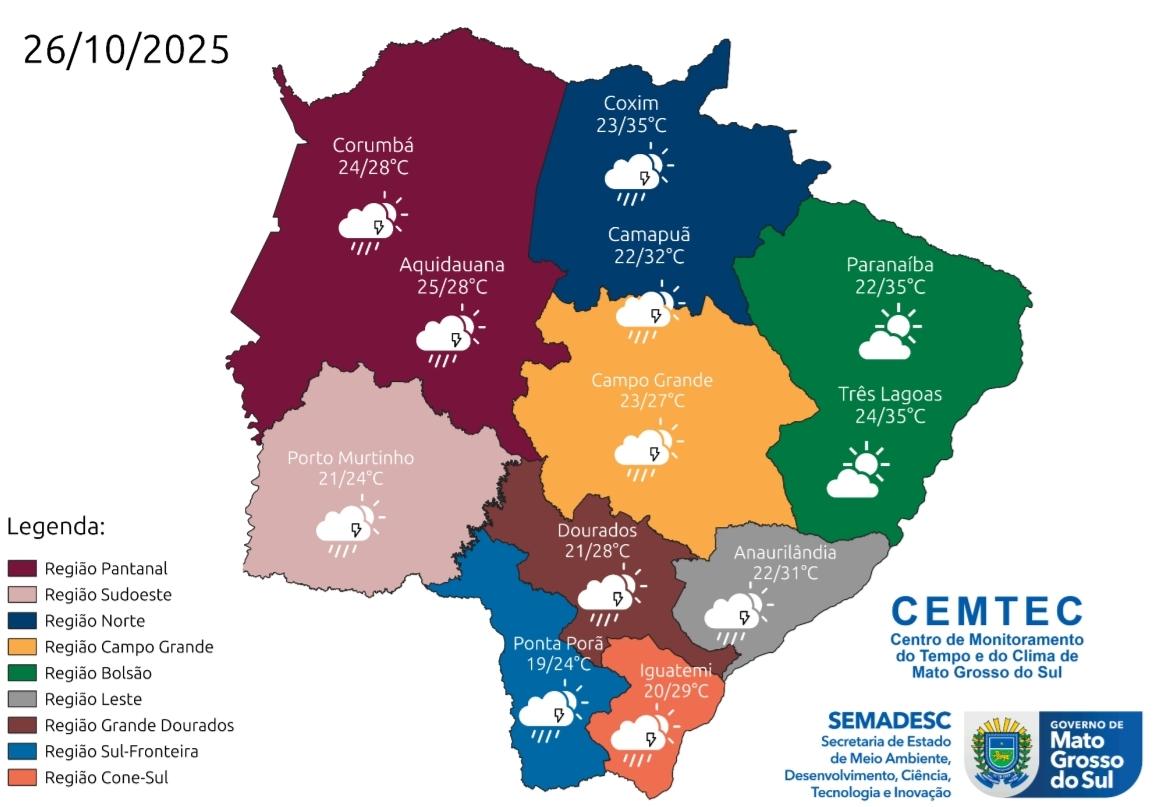 Frente fria avança e traz chuvas e ventos fortes a Mato Grosso do Sul