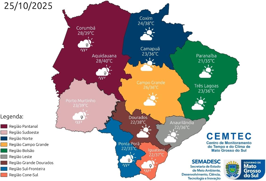 Frente fria muda o tempo e traz chuva e ventos fortes para Mato Grosso do Sul neste fim de semana
