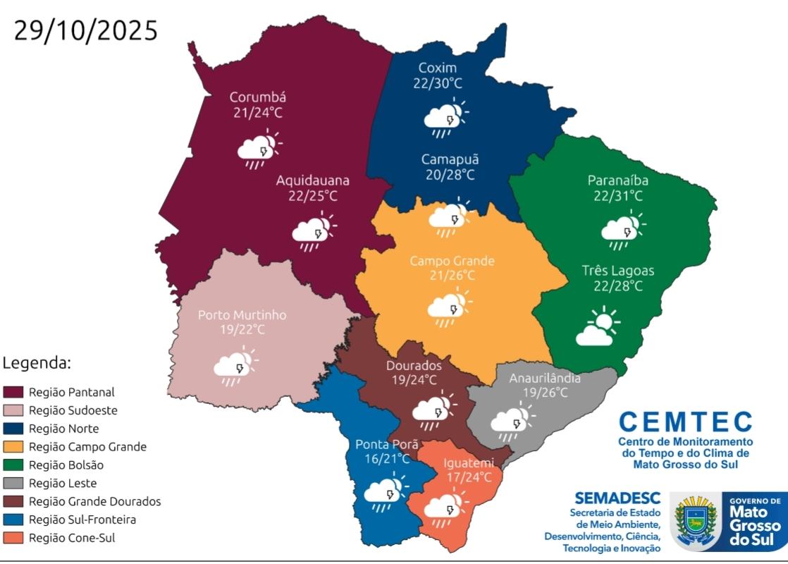 Frente fria traz chuvas e temperaturas mais amenas a Mato Grosso do Sul