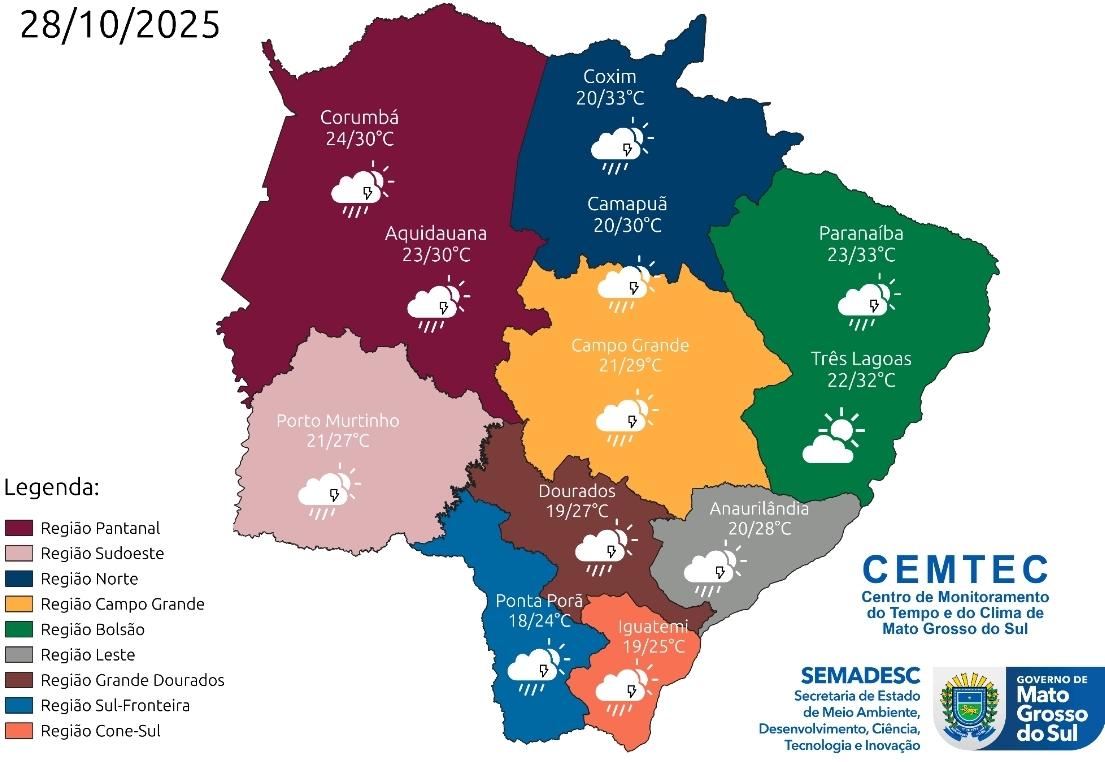 Nebulosidade intensa marca a terça-feira em Mato Grosso do Sul, com previsão de chuvas e ventos fortes
